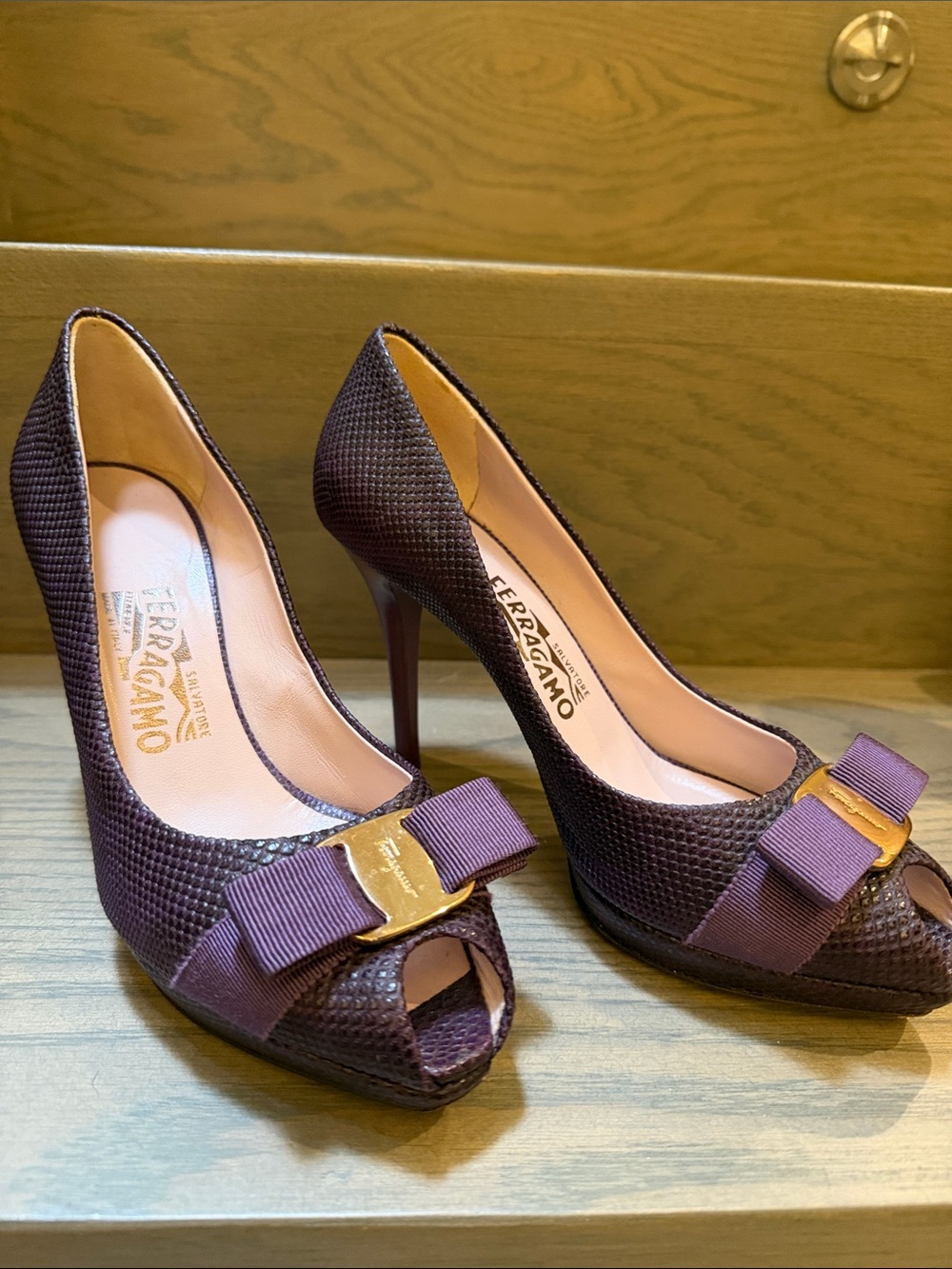 Salvatore Ferragamo Purple Textured Peep-Toe Bow Pumps with Gold Accent